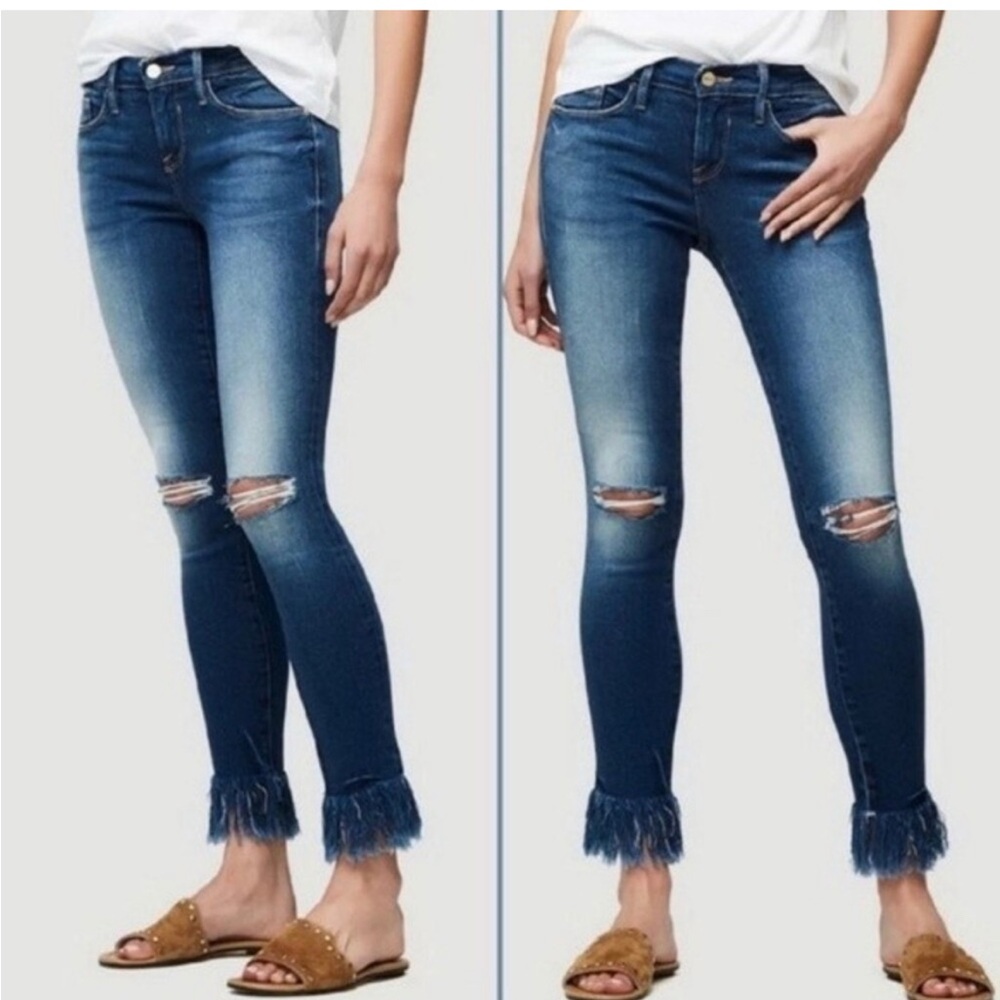 ▪️FRAME Le Skinny de Jeanne Shredded Fringe Hem Jeans in Lambeth Wash